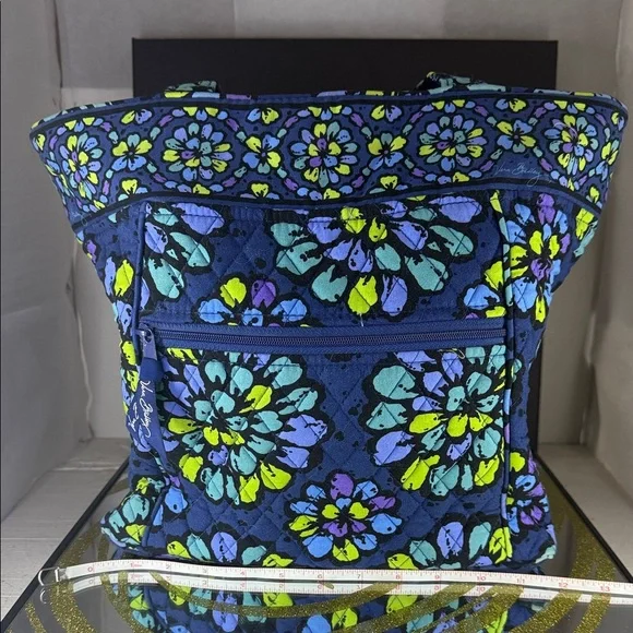 Vera Bradley Navy Quilted Tote with Teal, Lime & Purple Floral Medallions - Picture 3 of 12